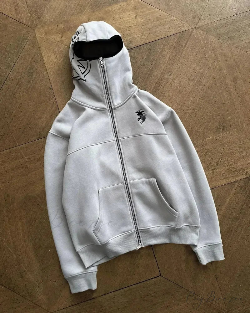 Gothic Punk Washed Zipper Hoodie white / S hoodies-241228