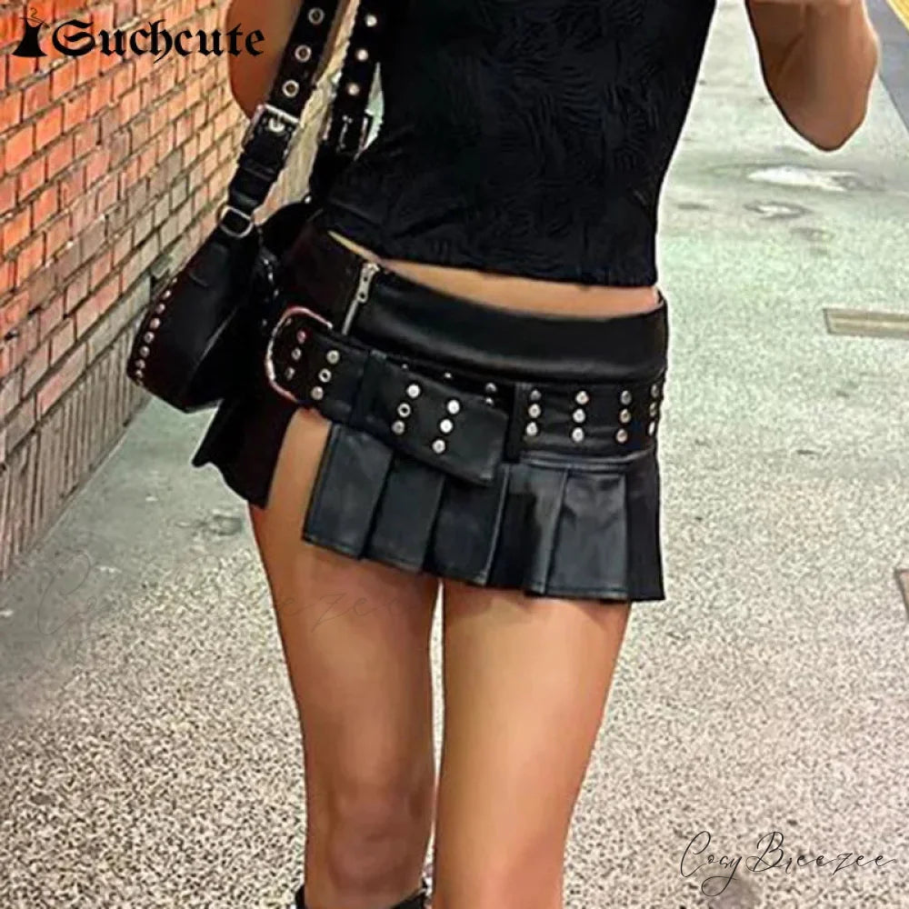 Gothic Rivet Pleated Leather Skirt skirts-250223