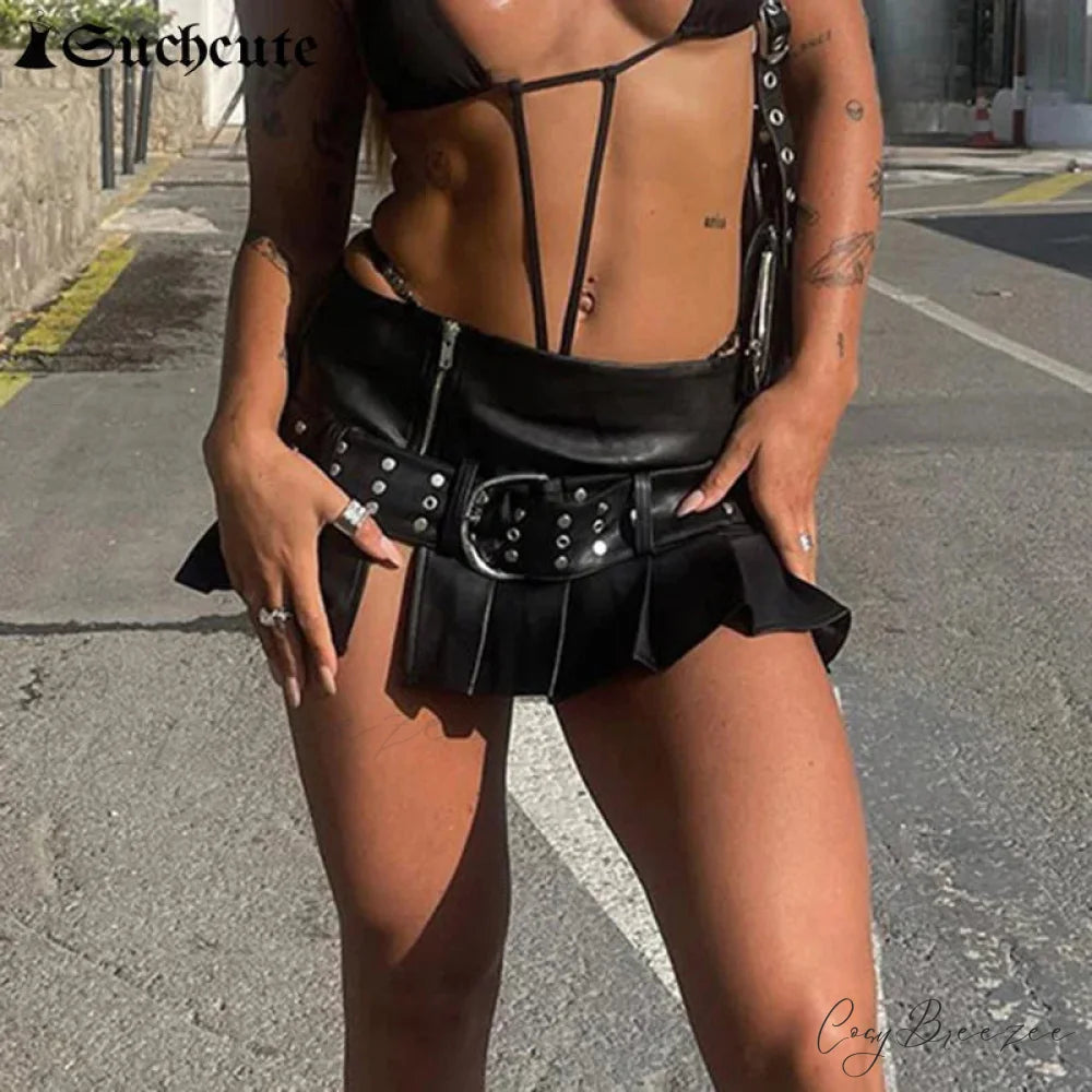 Gothic Rivet Pleated Leather Skirt skirts-250223
