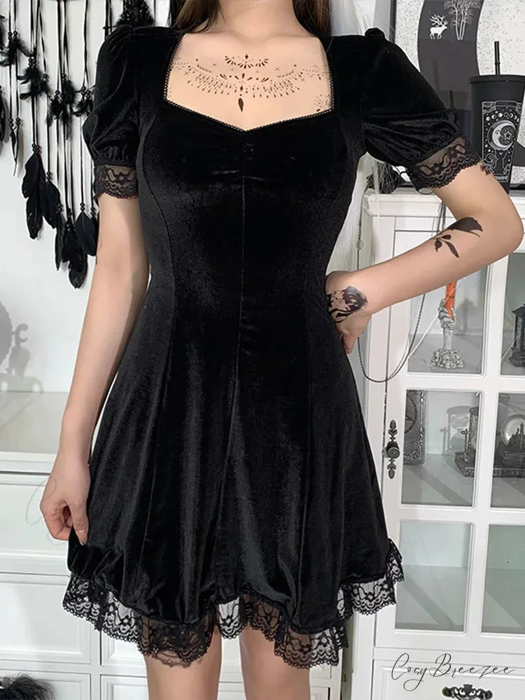 Gothic Sexy Black Y2K Harajuku Vintage Lolita Backless Mini Women Aesthetic Punk High Waist Party Dress BLACK 1 / S