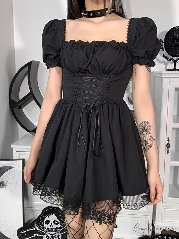Gothic Sexy Black Y2K Harajuku Vintage Lolita Backless Mini Women Aesthetic Punk High Waist Party Dress BLACK 3 / S
