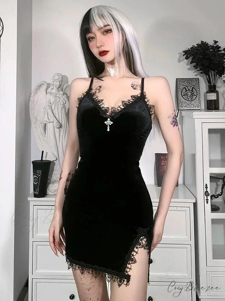 Gothic Sexy Black Y2K Harajuku Vintage Lolita Backless Mini Women Aesthetic Punk High Waist Party Dress BLACK 5 / S