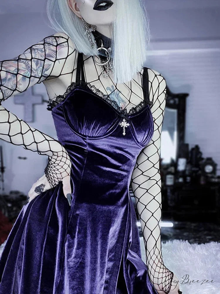 Gothic Sexy Black Y2K Harajuku Vintage Lolita Backless Mini Women Aesthetic Punk High Waist Party Dress PURPLE / S