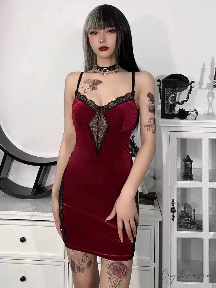 Gothic Sexy Black Y2K Harajuku Vintage Lolita Backless Mini Women Aesthetic Punk High Waist Party Dress RED / S