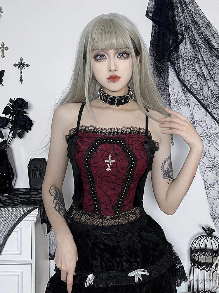 Gothic Spider Web Lace Harajuku Camisole Crop Top Black / S