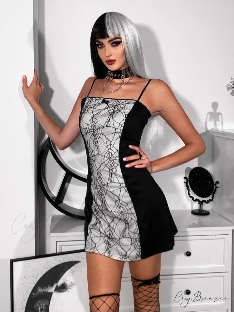 Gothic Spider Web Patchwork Sleeveless Spaghetti Strap Velvet Bodycon A-Line Club Dress WHITE / S