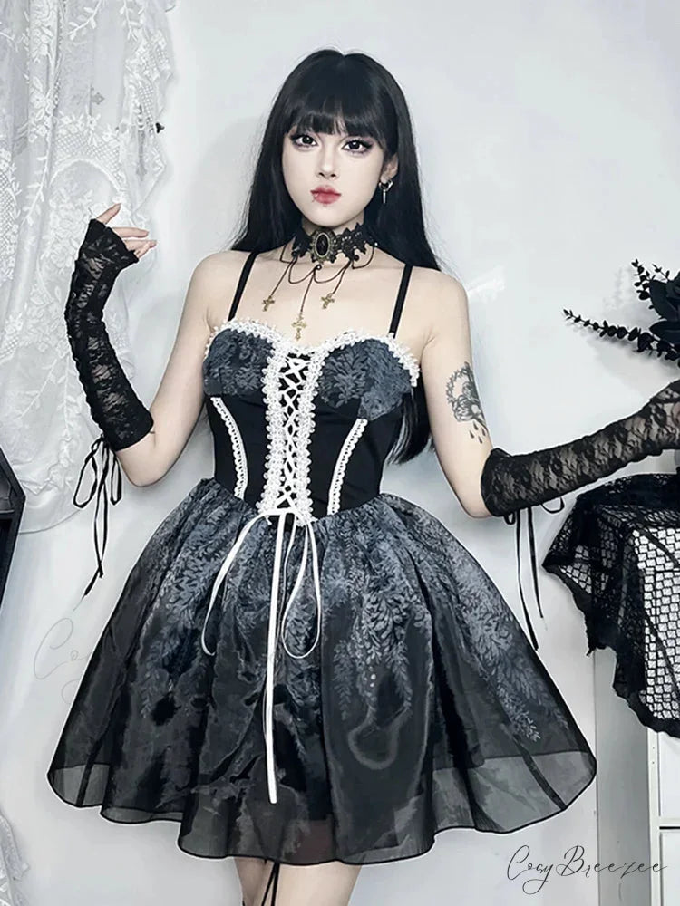 Gothic Spliced Printed Suspender Corset A Line Vintage Sexy Kawaii Mini Dress Black / XS