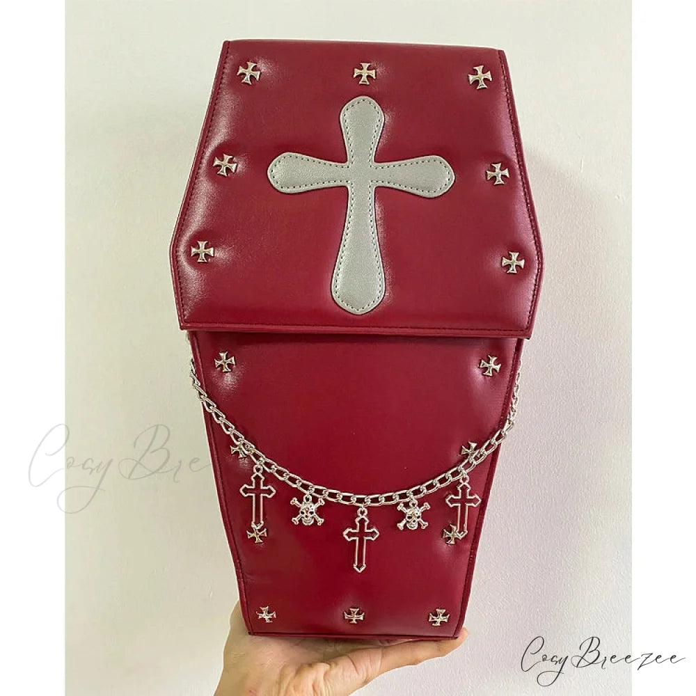 Gothic Vampire Coffin Shape Punk Lolita School Crossbody Halloween Bag cross wine / 21X9X35
