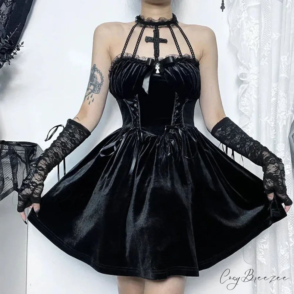 Gothic Velvet Criss-Cross Halter Vintage Draped Lace Sleeveless Bodycon Backless A-Line Dress