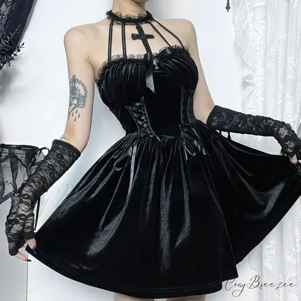Gothic Velvet Criss-Cross Halter Vintage Draped Lace Sleeveless Bodycon Backless A-Line Dress
