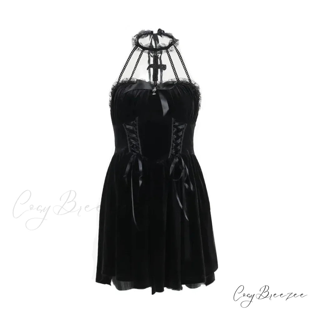 Gothic Velvet Criss-Cross Halter Vintage Draped Lace Sleeveless Bodycon Backless A-Line Dress