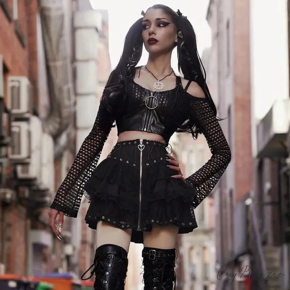 Gothic Vintage High Waist Zipper Front Japanese Kawaii Black Cosplay Skirt