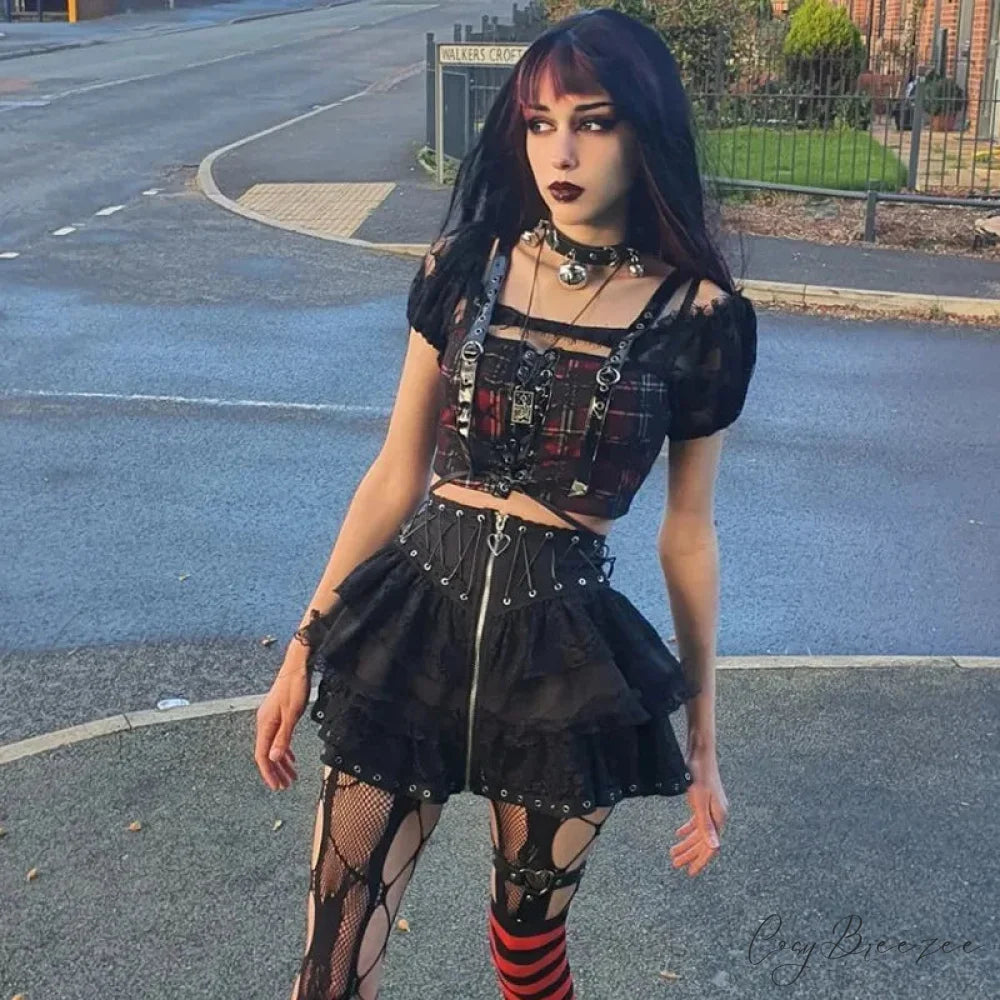 Gothic Vintage High Waist Zipper Front Japanese Kawaii Black Cosplay Skirt
