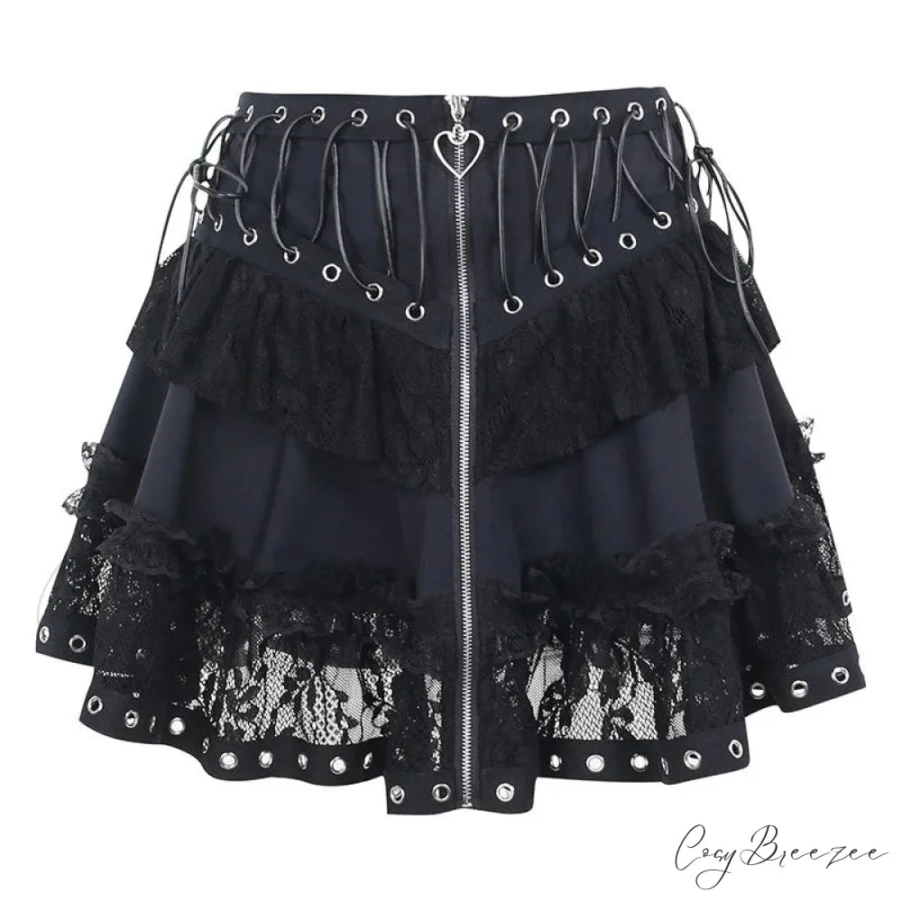 Gothic Vintage High Waist Zipper Front Japanese Kawaii Black Cosplay Skirt BLACK / S