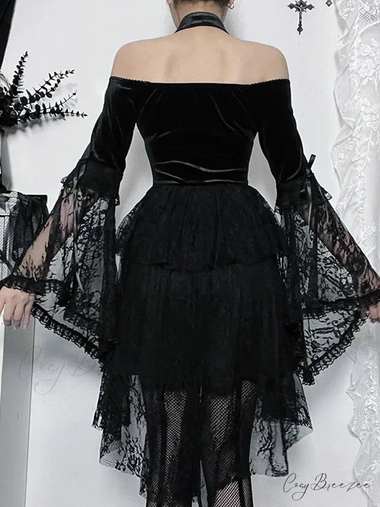 Gothic Vintage Off Shoulder Lace Cocktail Party Velvet Mesh Long Sleeves Halloween Cosplay Dress