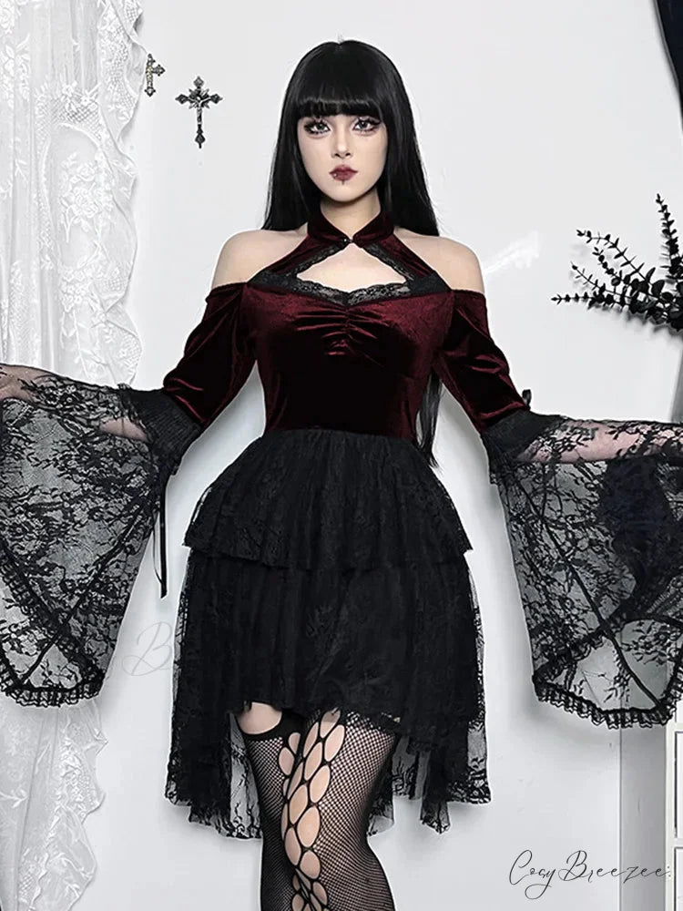 Gothic Vintage Off Shoulder Lace Cocktail Party Velvet Mesh Long Sleeves Halloween Cosplay Dress Claret / S