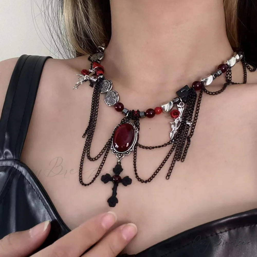 Gothic Wrapped Flower Cross Pendant Unique Necklace RED