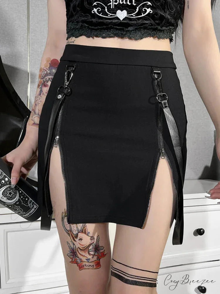 Gothic Zip Split Sexy Women Mini Grunge Strap Black High Waist Pencil E-girl Skirt Black / S