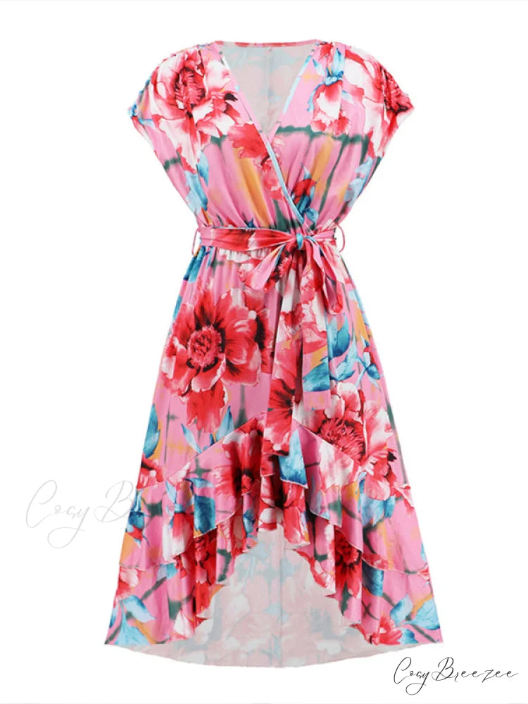 Gown Flowered for Front Wrap Design Midi Women