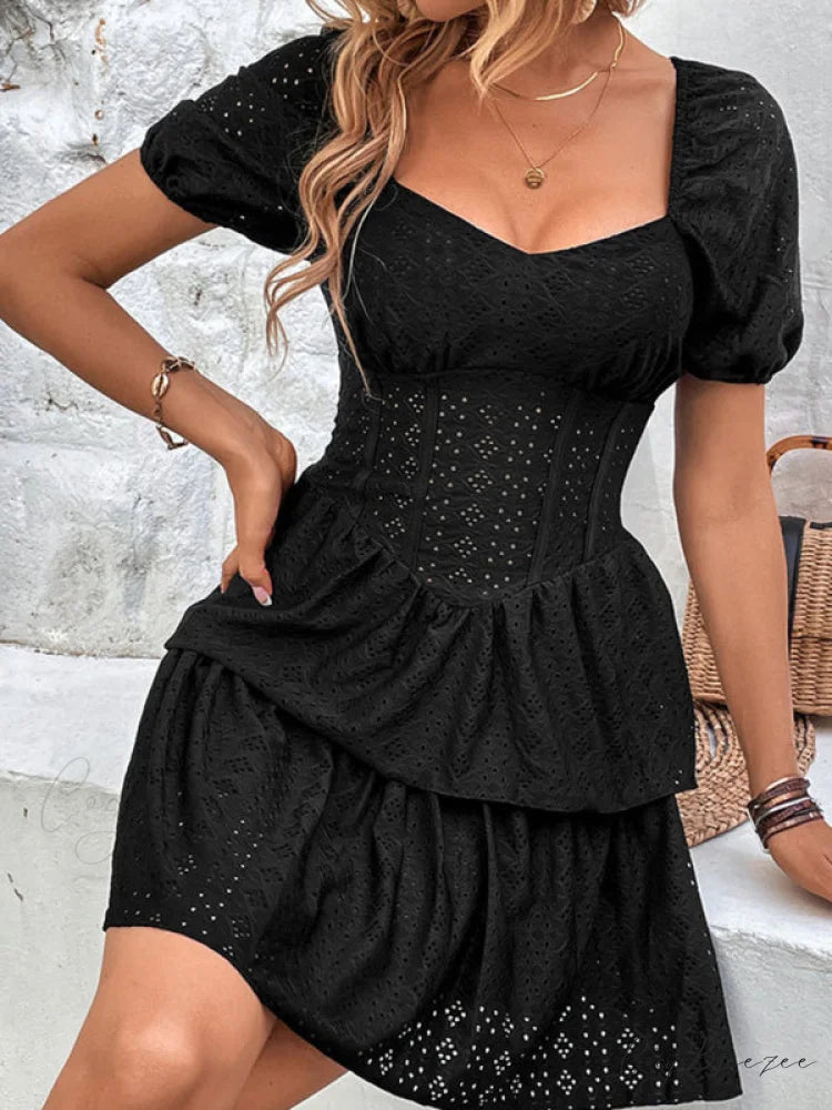 Gown for Boxy Cake French Solid Sleeves Color Layered Neck Puff Retro Tunic Women