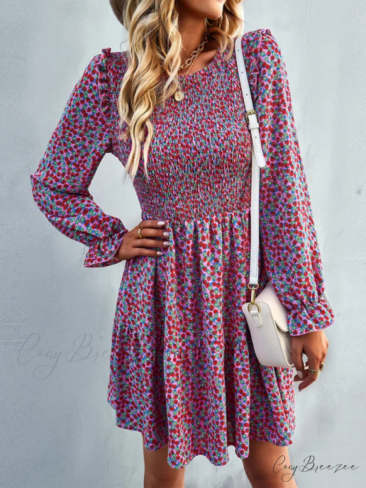Gown Neck and for Spring A-Line Flowered Skirt Round Long-Sleeved - Summer