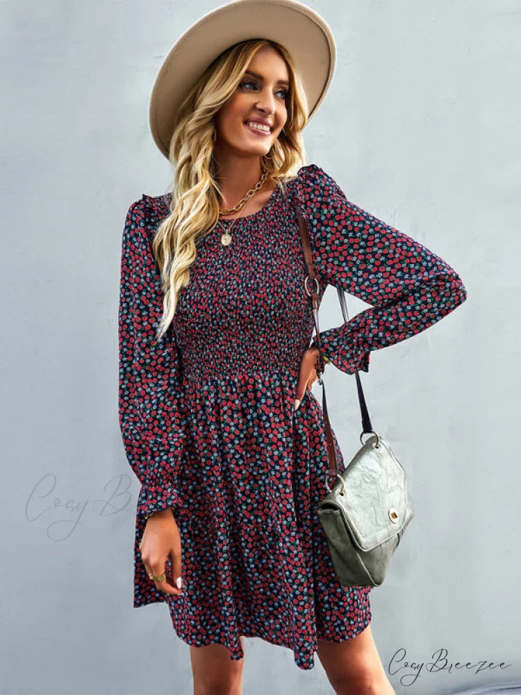 Gown Neck and for Spring A-Line Flowered Skirt Round Long-Sleeved - Summer Blue / S