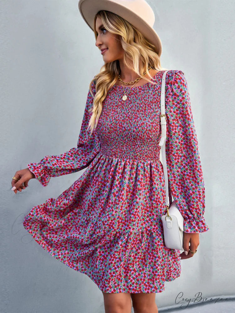 Gown Neck and for Spring A-Line Flowered Skirt Round Long-Sleeved - Summer Pink / S