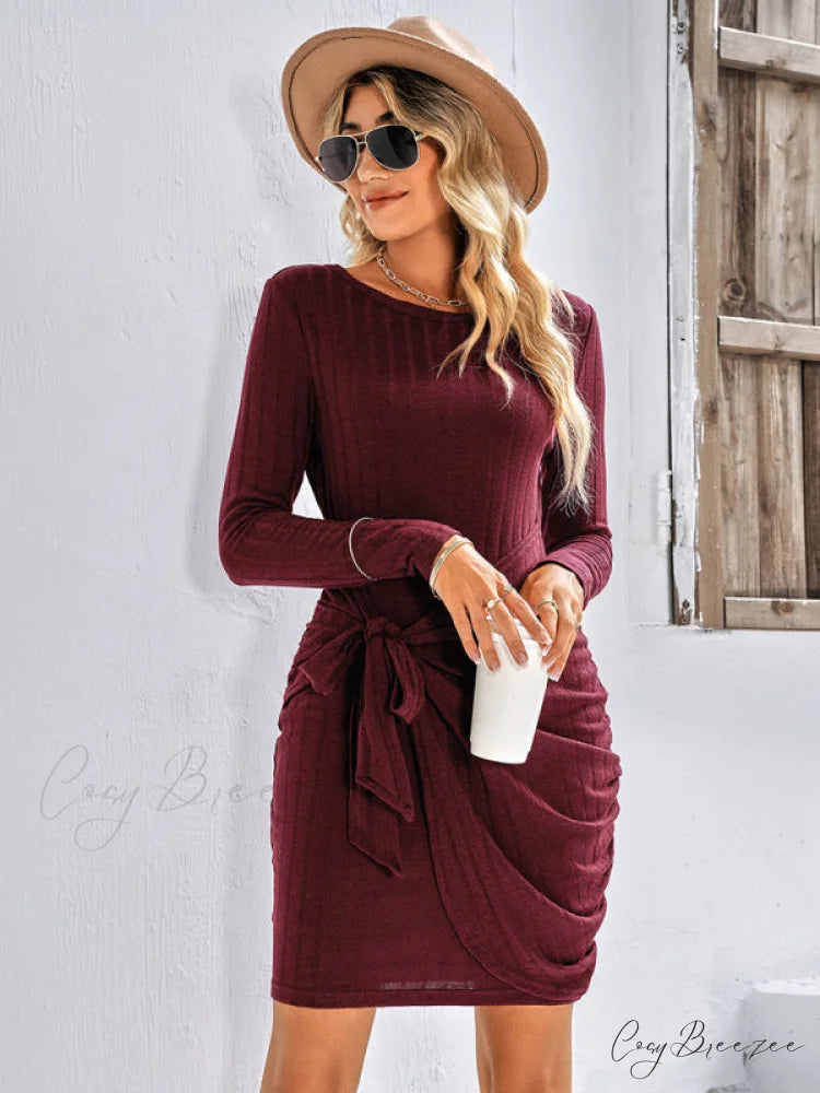 Gown Solid Rib-knit Mini Front Neck for Crew Color Tie Women