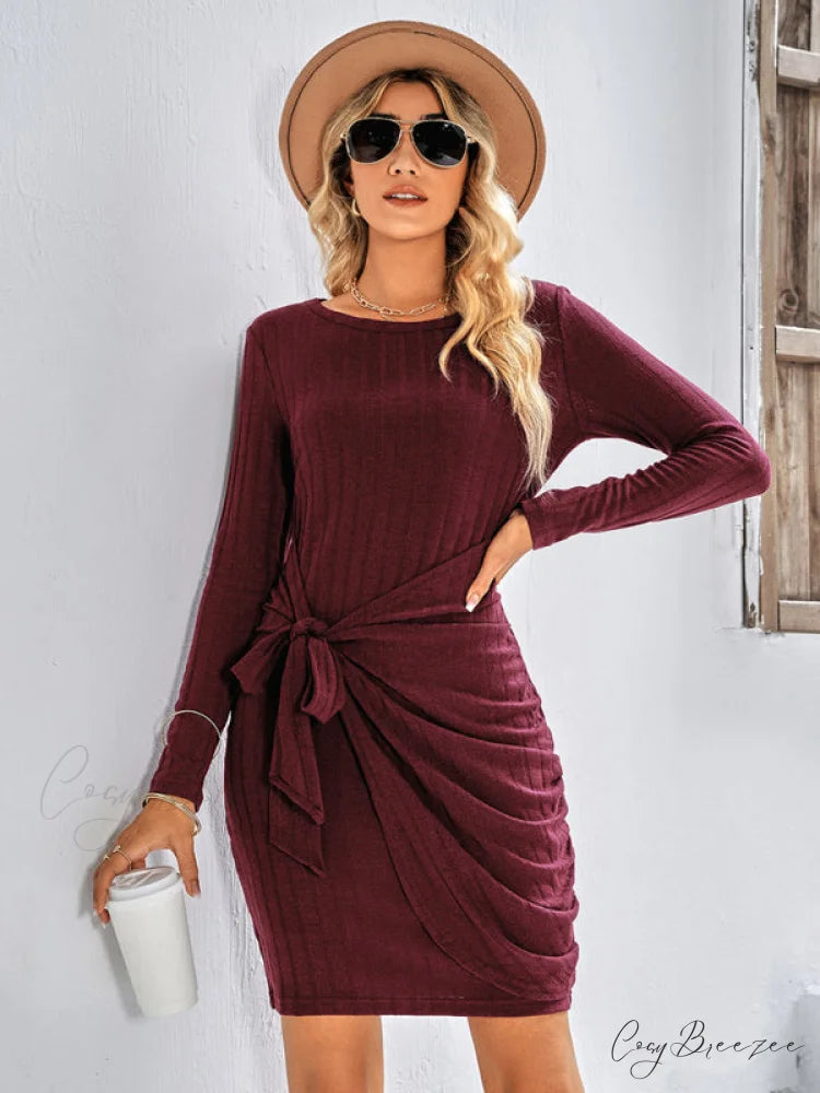 Gown Solid Rib-knit Mini Front Neck for Crew Color Tie Women Dark Red / S