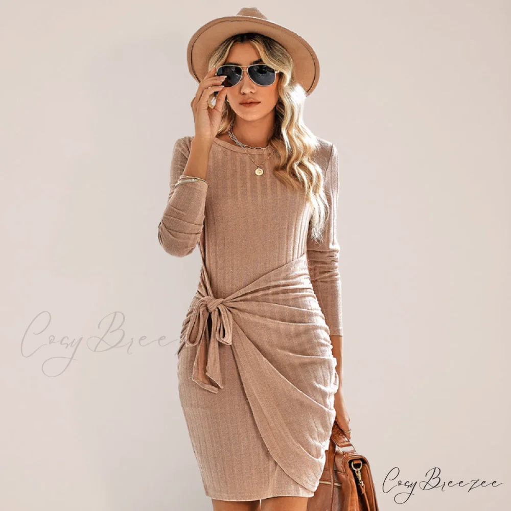 Gown Solid Rib-knit Mini Front Neck for Crew Color Tie Women Khaki / S