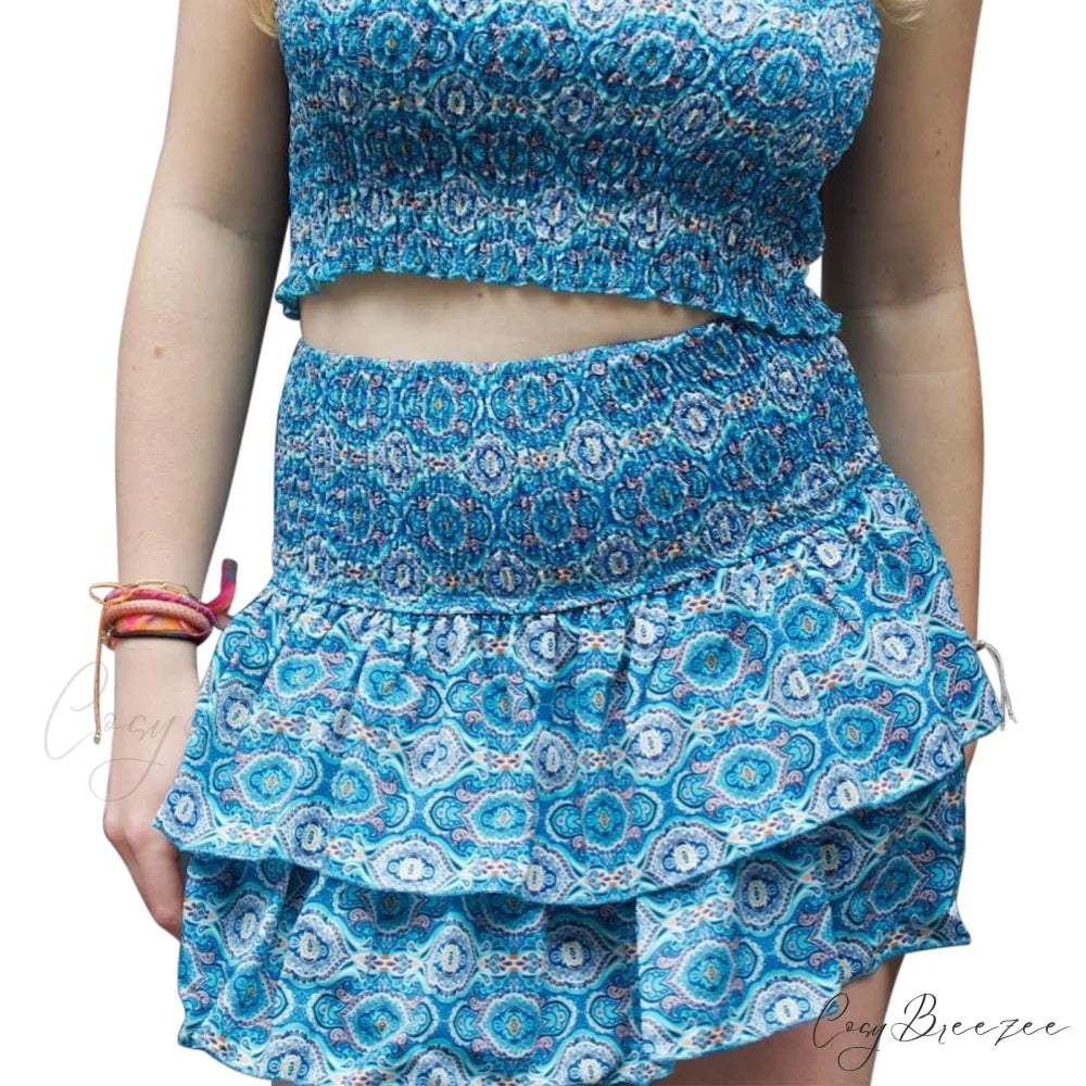 Graceful Printed Pleated Skirt Lake Blue / S skirts-250223