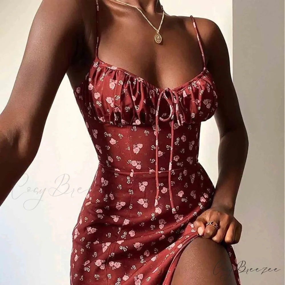 Graceful Spaghetti Strap V-Neck Flower Print Dress floraldress-250126