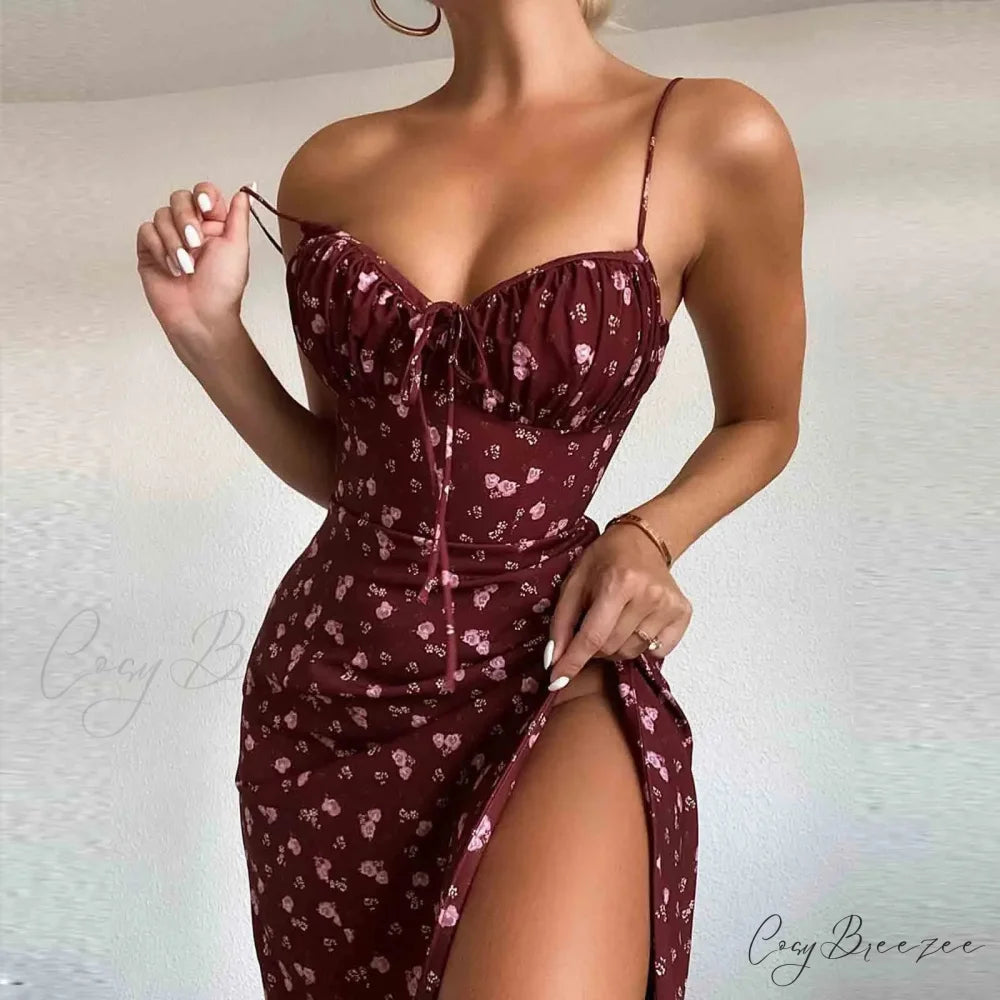 Graceful Spaghetti Strap V-Neck Flower Print Dress Red / S floraldress-250126
