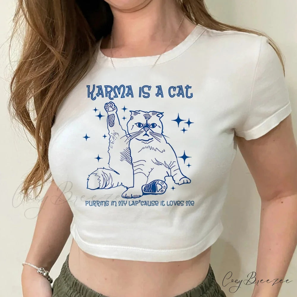 Graphic Cat Stylish White Tee XS