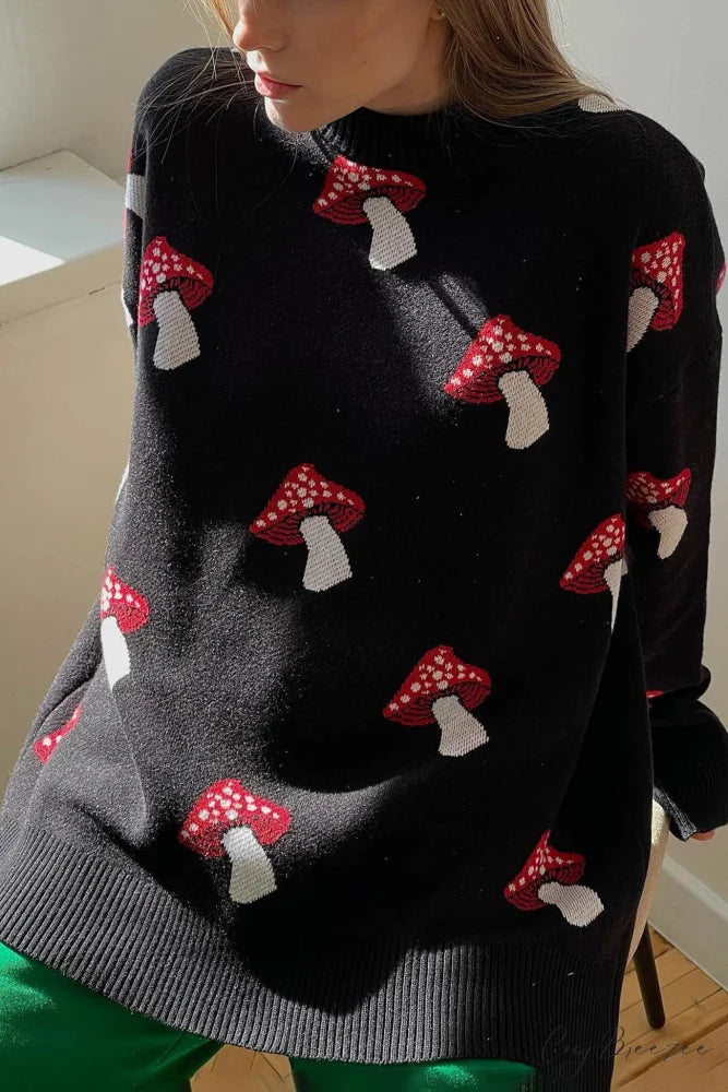 Graphic Mushroom Pullover Sweater Black / S