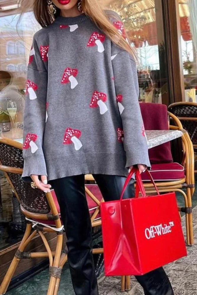 Graphic Mushroom Pullover Sweater Grey / L