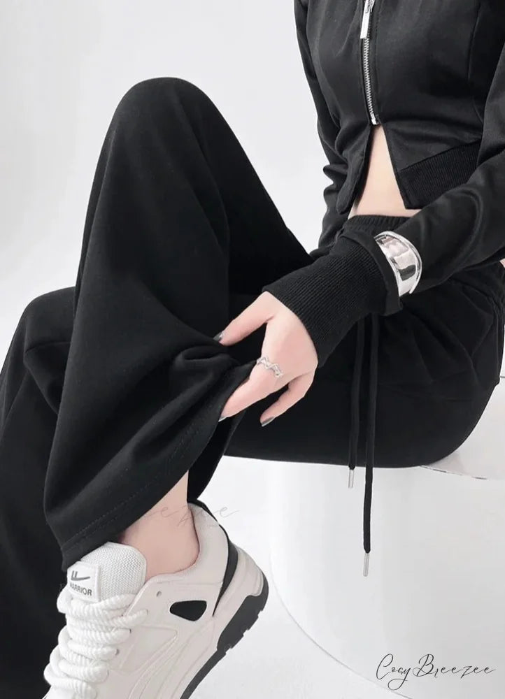 Gray High Waist Flared Sweatpants Pants black / S pants-241228