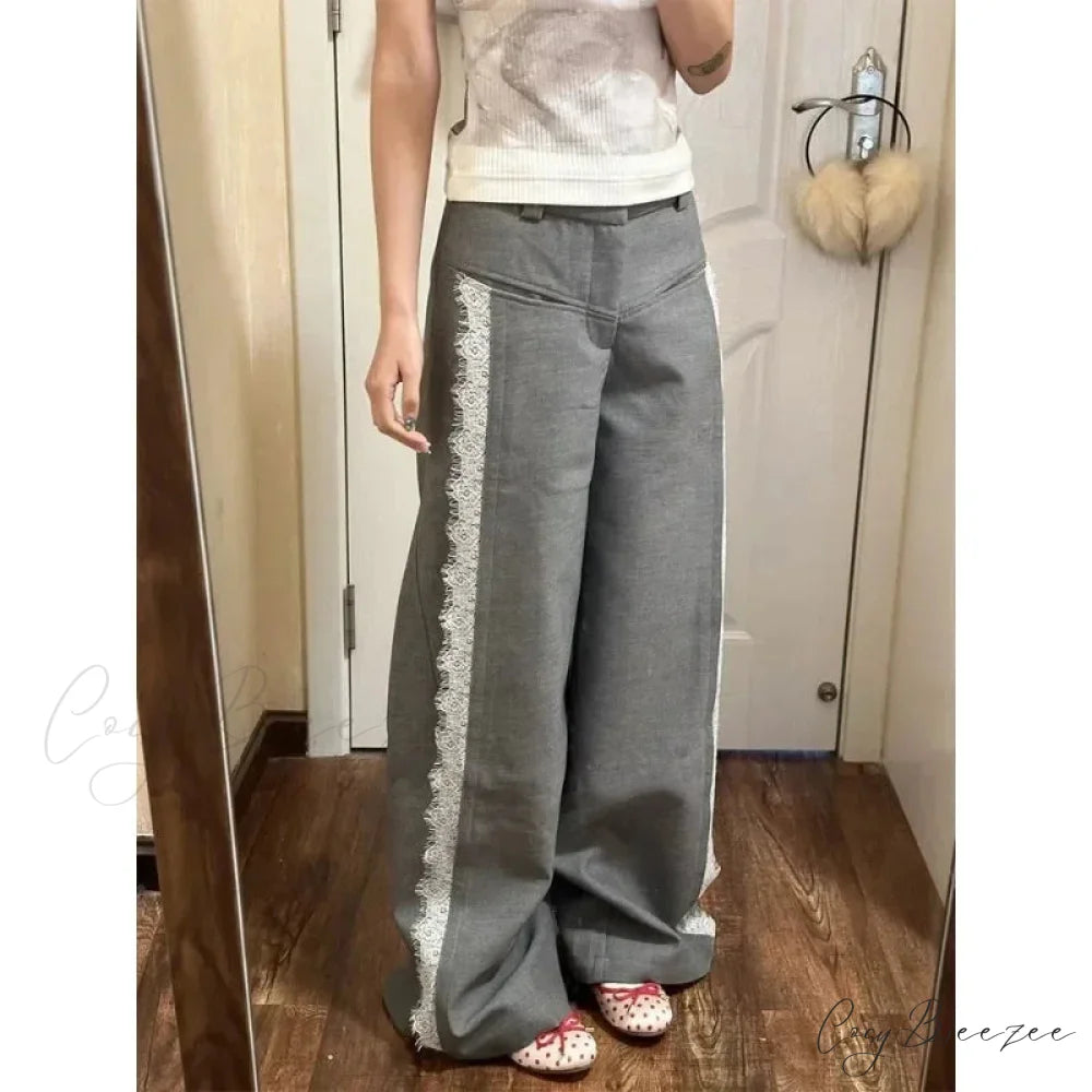 Gray Lace Y2K Women Suit Wide Leg Pants pants-241228
