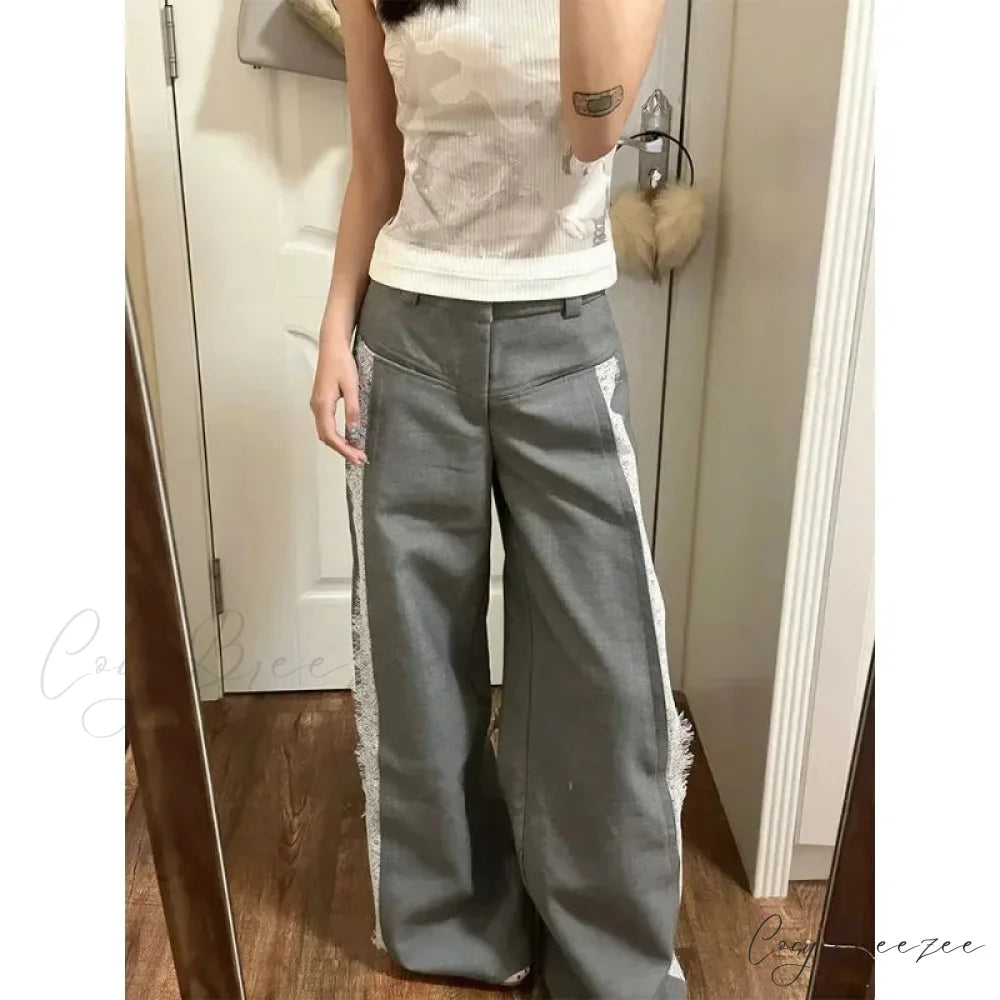 Gray Lace Y2K Women Suit Wide Leg Pants pants-241228