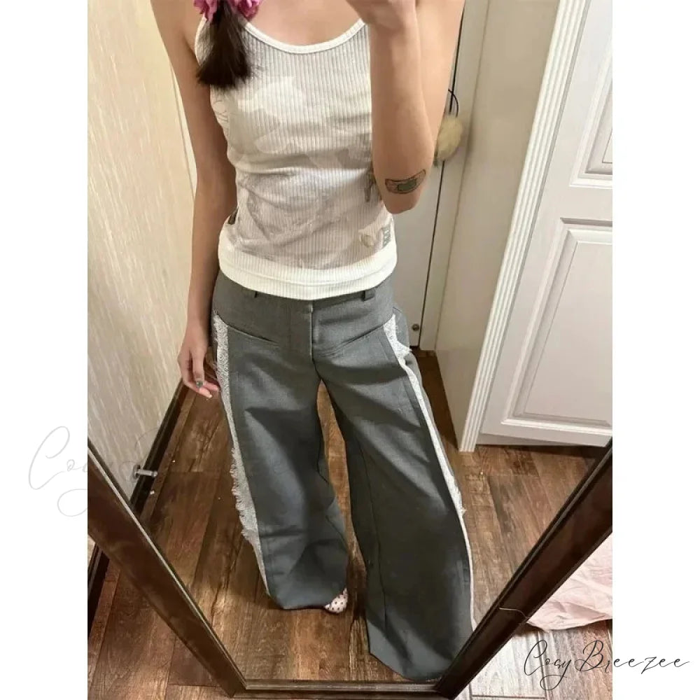 Gray Lace Y2K Women Suit Wide Leg Pants pants-241228