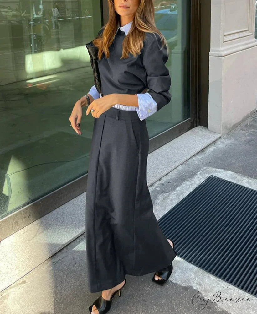 Gray Long Sleeve Crop Skirt Office Set officetwopieceset-250223