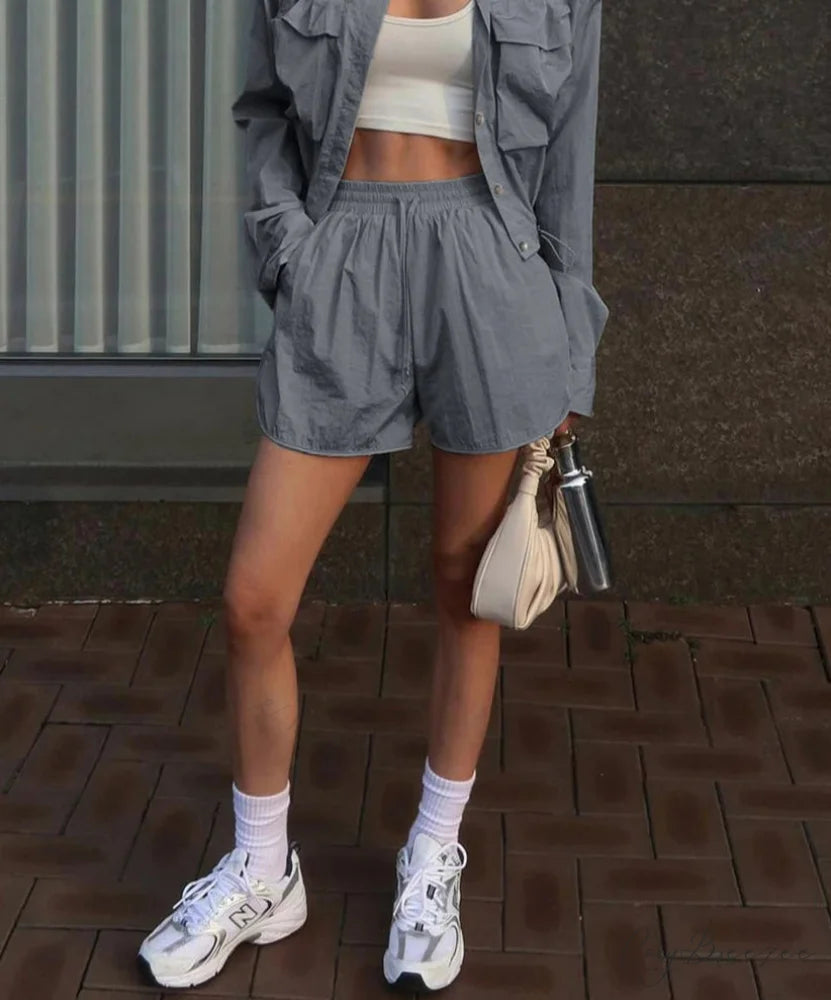 Gray Nylon Crop Shirt Shorts Office Set officetwopieceset-250223