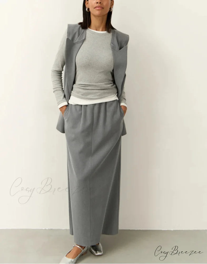 Gray Relaxed Sleeveless Long Work Set officetwopieceset-250223