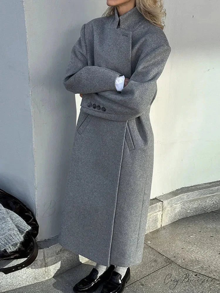 Gray Relaxed Wool Notched Button-Up Coat overcoats-241228