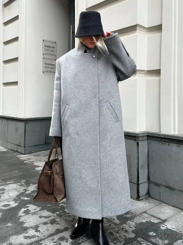 Gray Relaxed Wool Notched Button-Up Coat overcoats-241228