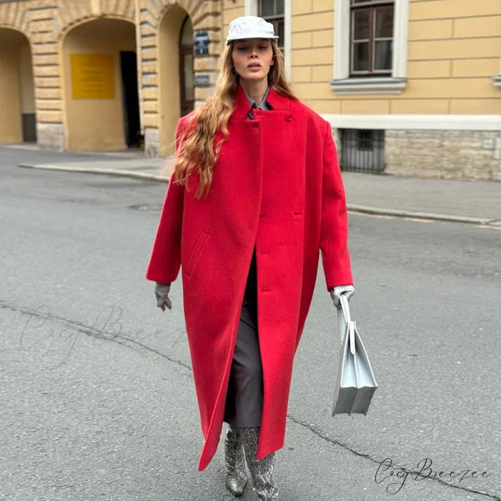Gray Relaxed Wool Notched Button-Up Coat Red / S overcoats-241228