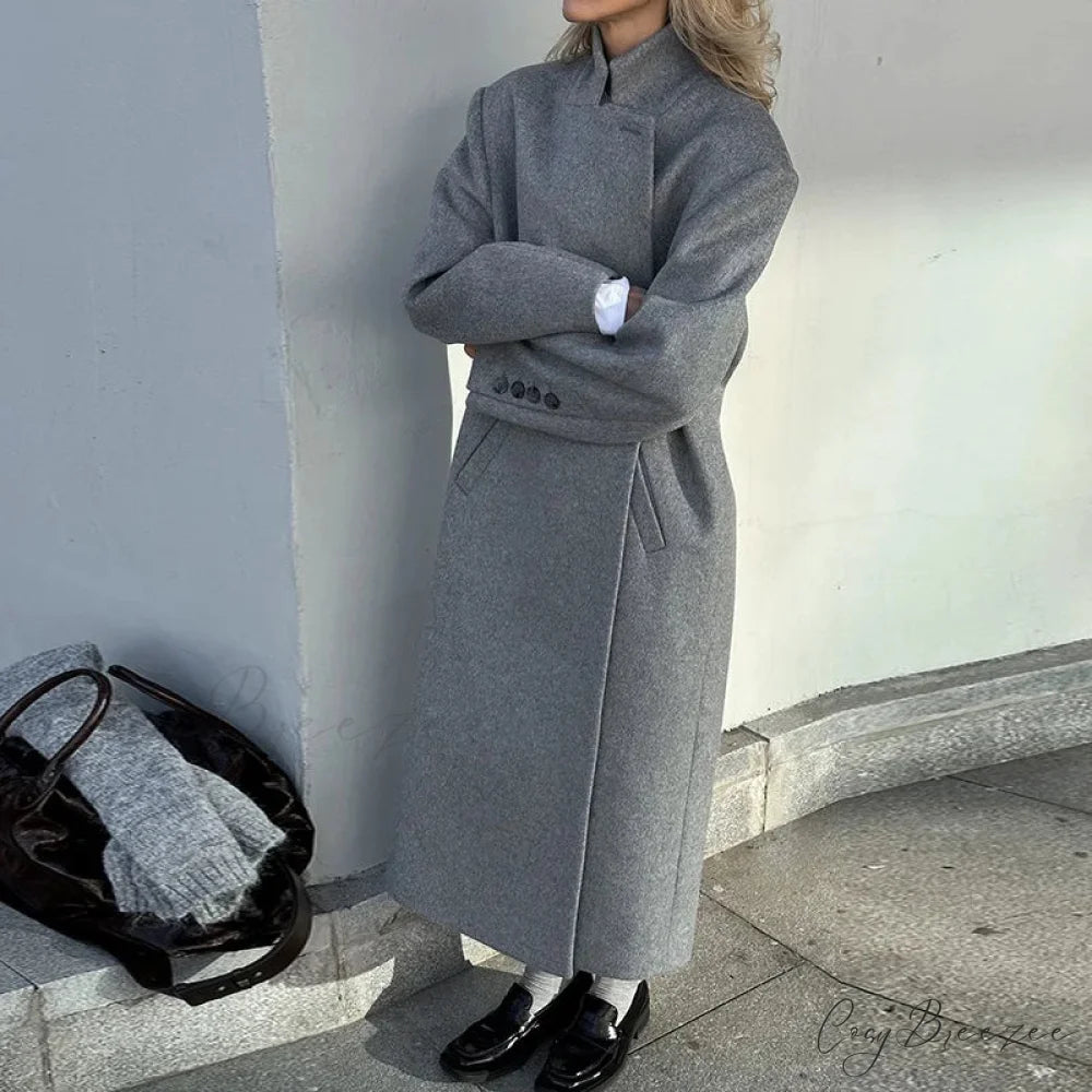 Gray Relaxed Wool Notched Button-Up Coat gray / S overcoats-241228