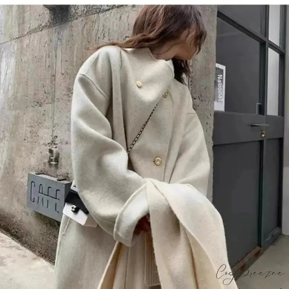 Gray Wool Loose-Fit Fleece Coat Oatmeal Color / S overcoats-241228