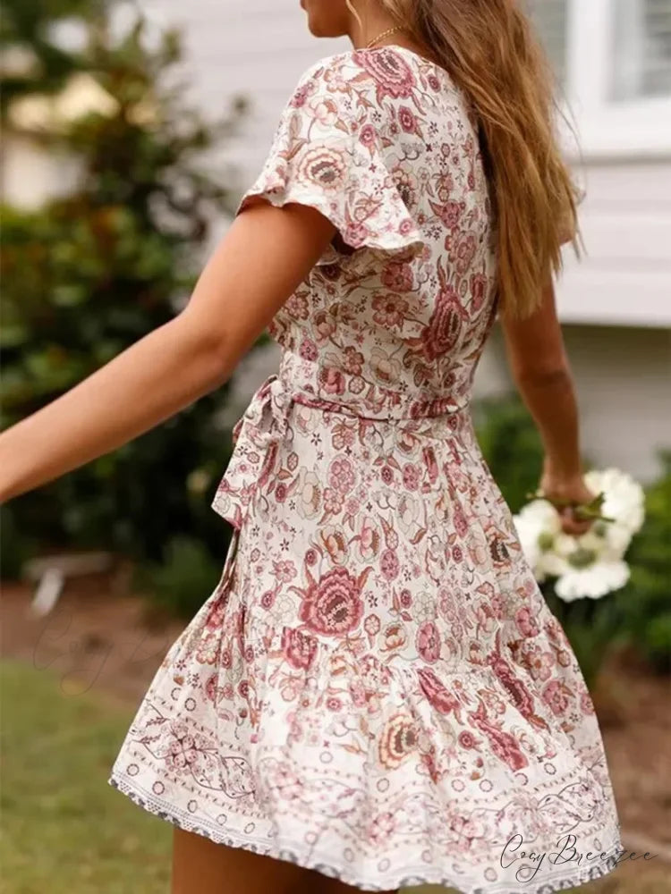 Green Floral Deep V-neck Boho Sundress bohodress-250126