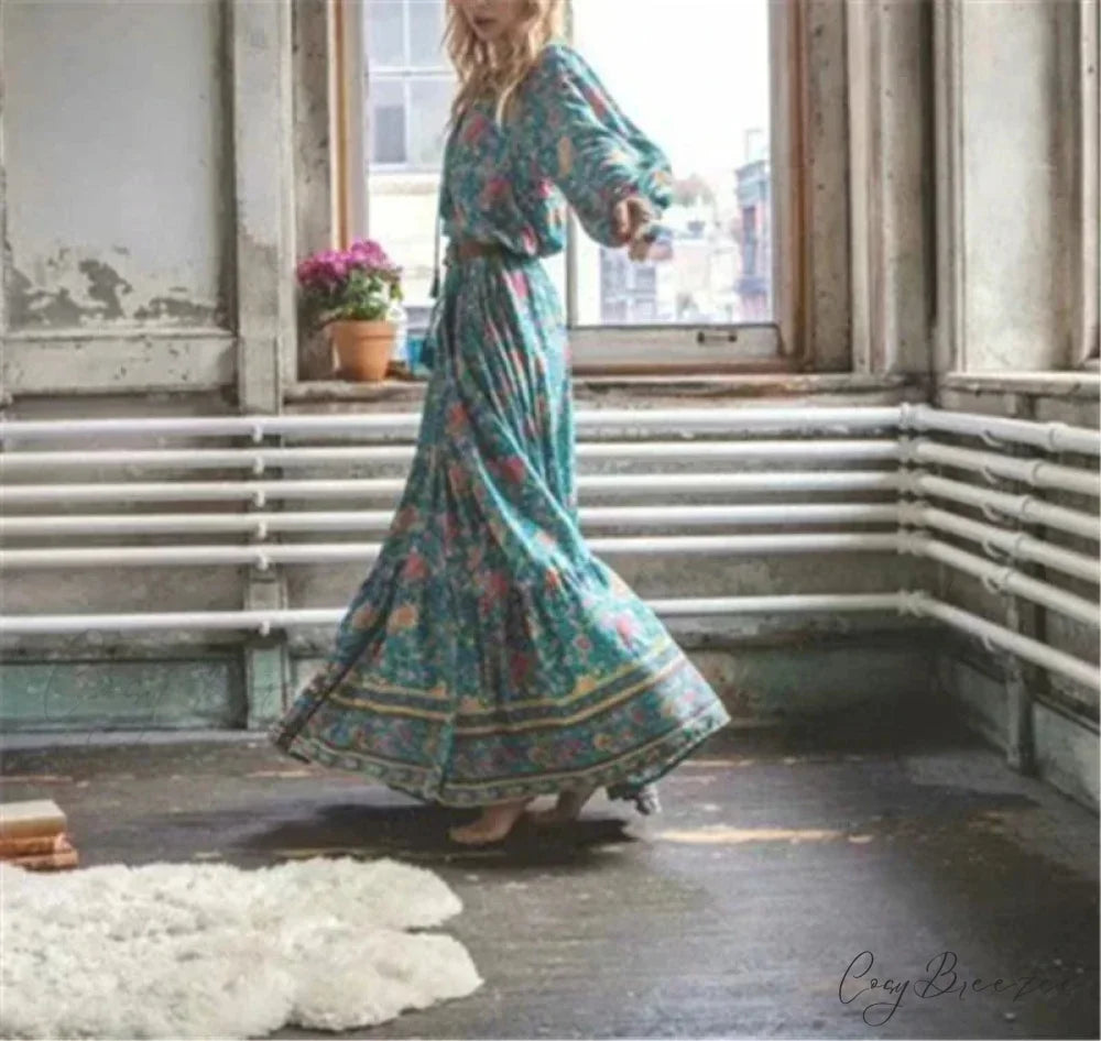 Green Floral Print Tassel Rayon Cotton Beach Maxi Dress bohodress-250126